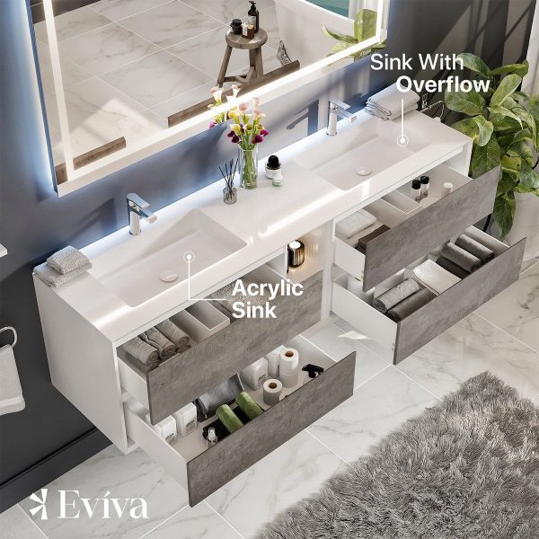 Eviva Vienna 75  Bathroom Vanity Wall Mount Double Sinks Integrated Acrylic Countertop New Supply - Image 4